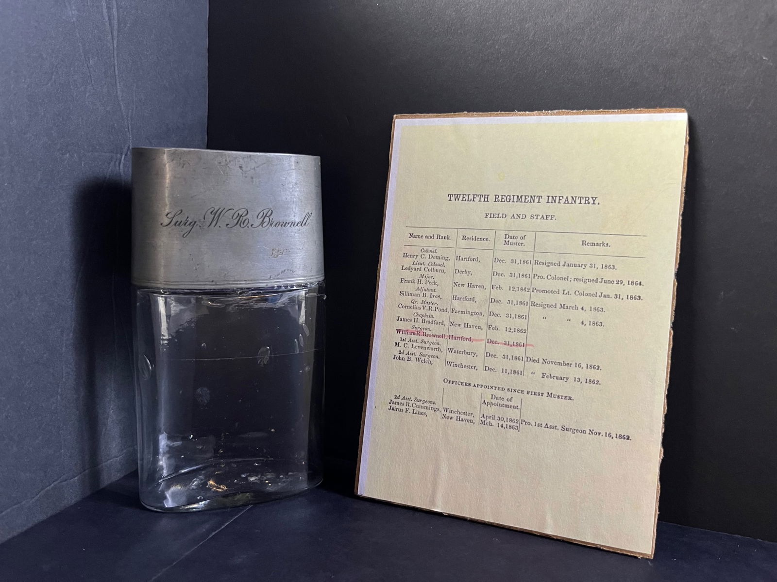 Sargent William Brownell Flask and form: Sergeant William Brownell Flask and form with his name listed for the Twelfth Regiment Infantry. Most notably, Sergeant Brownell served as a coxswain on board the U.S.S. Benton and during his time on