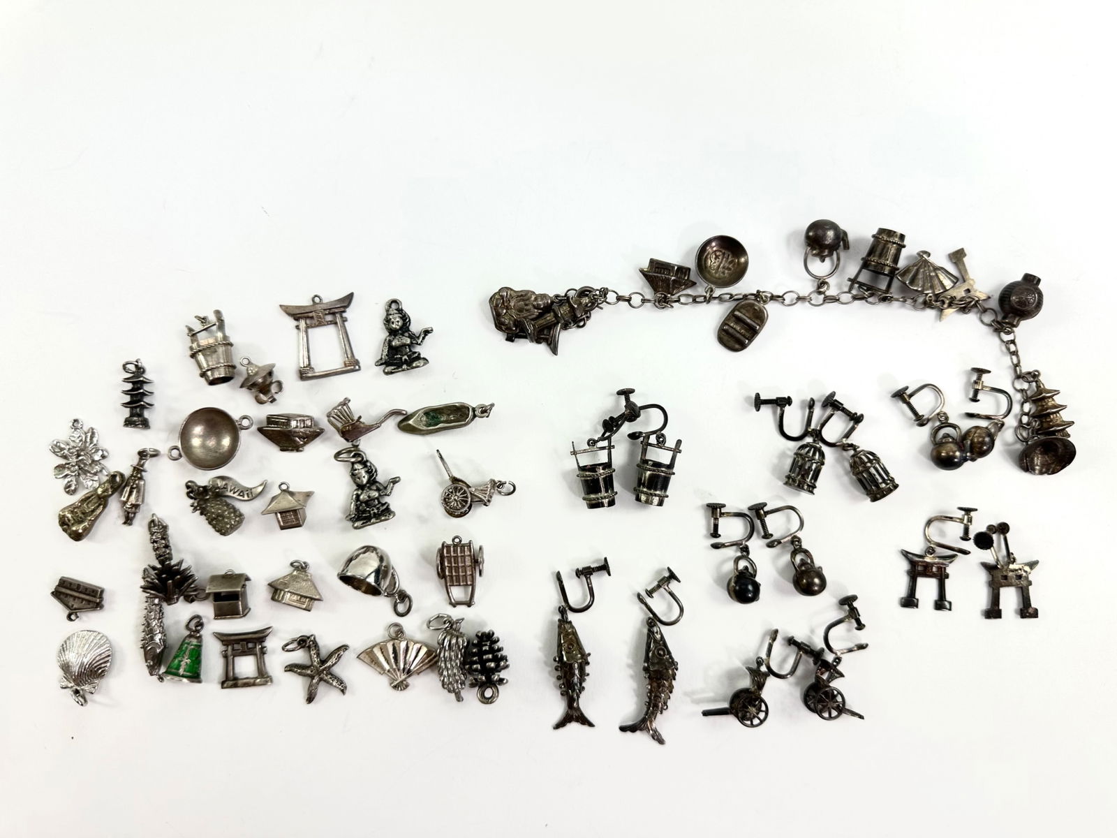 Sterling Silver Clip-on Earrings Charm Bracelet and Charms 3.20 ozt: Sterling Silver Clip-on Earrings Charm Bracelet and Charms.