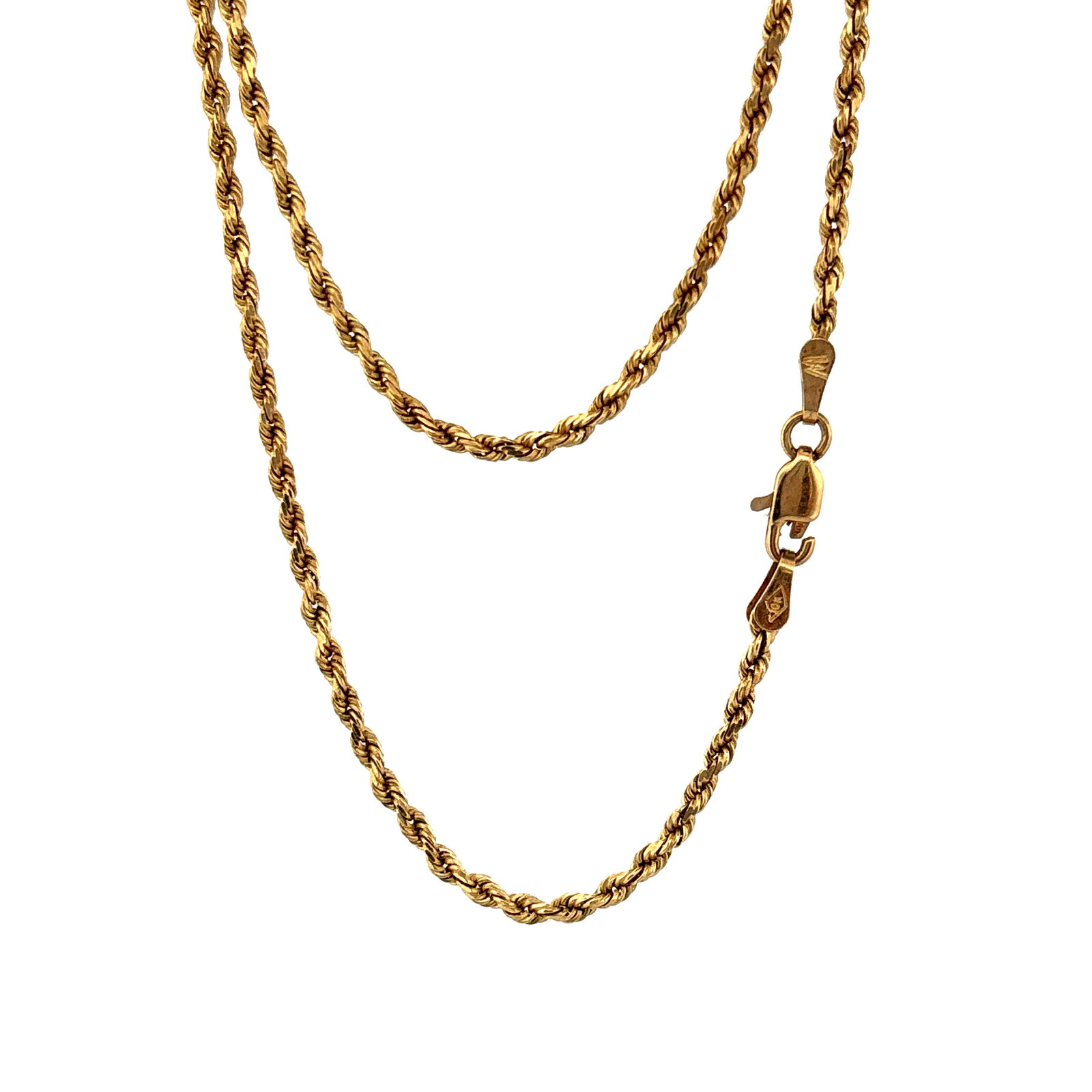 10K Yellow Gold Rope Chain Necklace .26 ozt: A 10K yellow gold rope style chain gold necklace with a lobster claw clasp. the clasp is marked 10K. The necklace is in good condition with only the spring back of the clasp being a little worn. Weigh