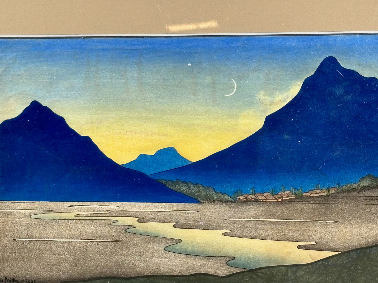 Lilian May Miller, The Crescent Moon Rides Low: Artist: Lilian May Miller Title: The Crescent Moon Rides Low Origin: American, 1928 Japanese Style Prints Medium: Woodblock Print on Paper Dimensions: 22.25x16.75 in. Additional Information: A woodblo