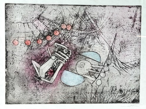 Roberto Matta Come Detta Dentro Do Signficato: Artist: Roberto Matta Title: Come Detta Dentro Vo Significado, Plate 13 Origin: Chili, 1962 Medium: Aquatint Etching on Japan Paper Dimensions: 22.5x18.5in Additional Information: A print of mach
