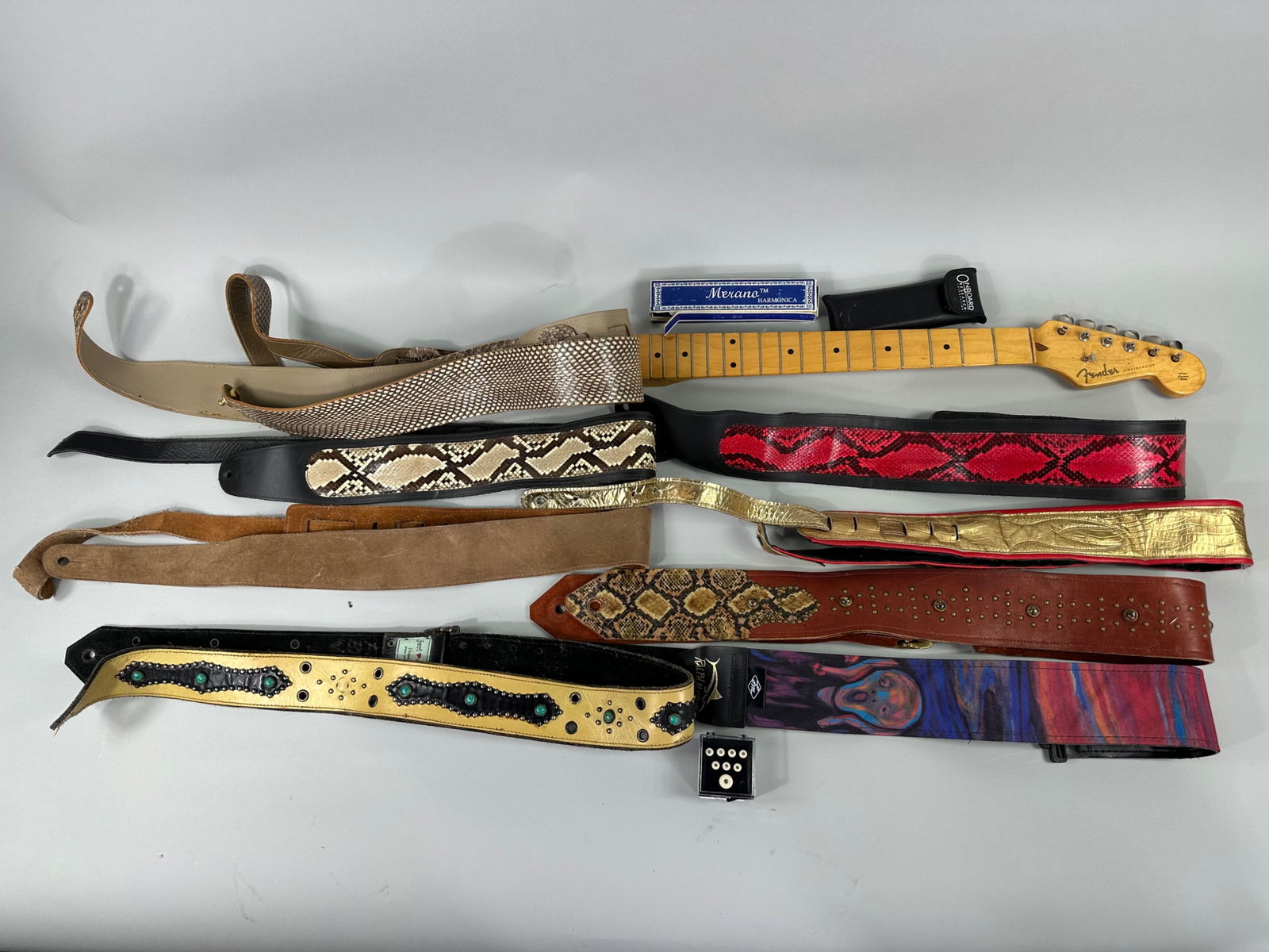 Fender Stratocaster Neck, Merano Harmonica, & Guitar Straps (1 of 20)