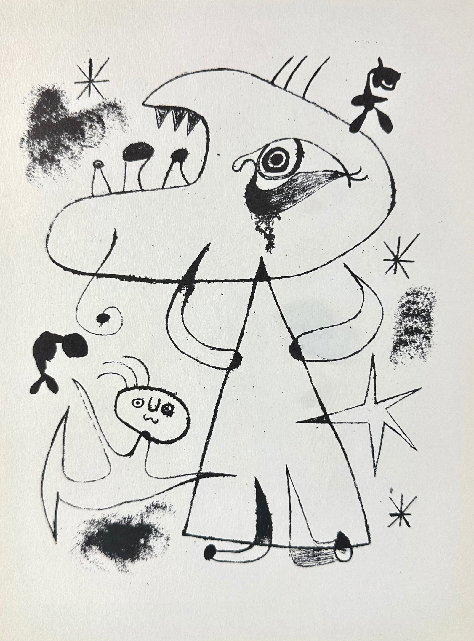 Joan Miro The Barcelona Series XXV: Artist: Joan Miro Title: Barcelona XXV Origin: Spain Medium: Lithograph on Paper Dimensions: 13x15.5in Additional Information: A black and white lithograph of an abstract figure with a large head. Its
