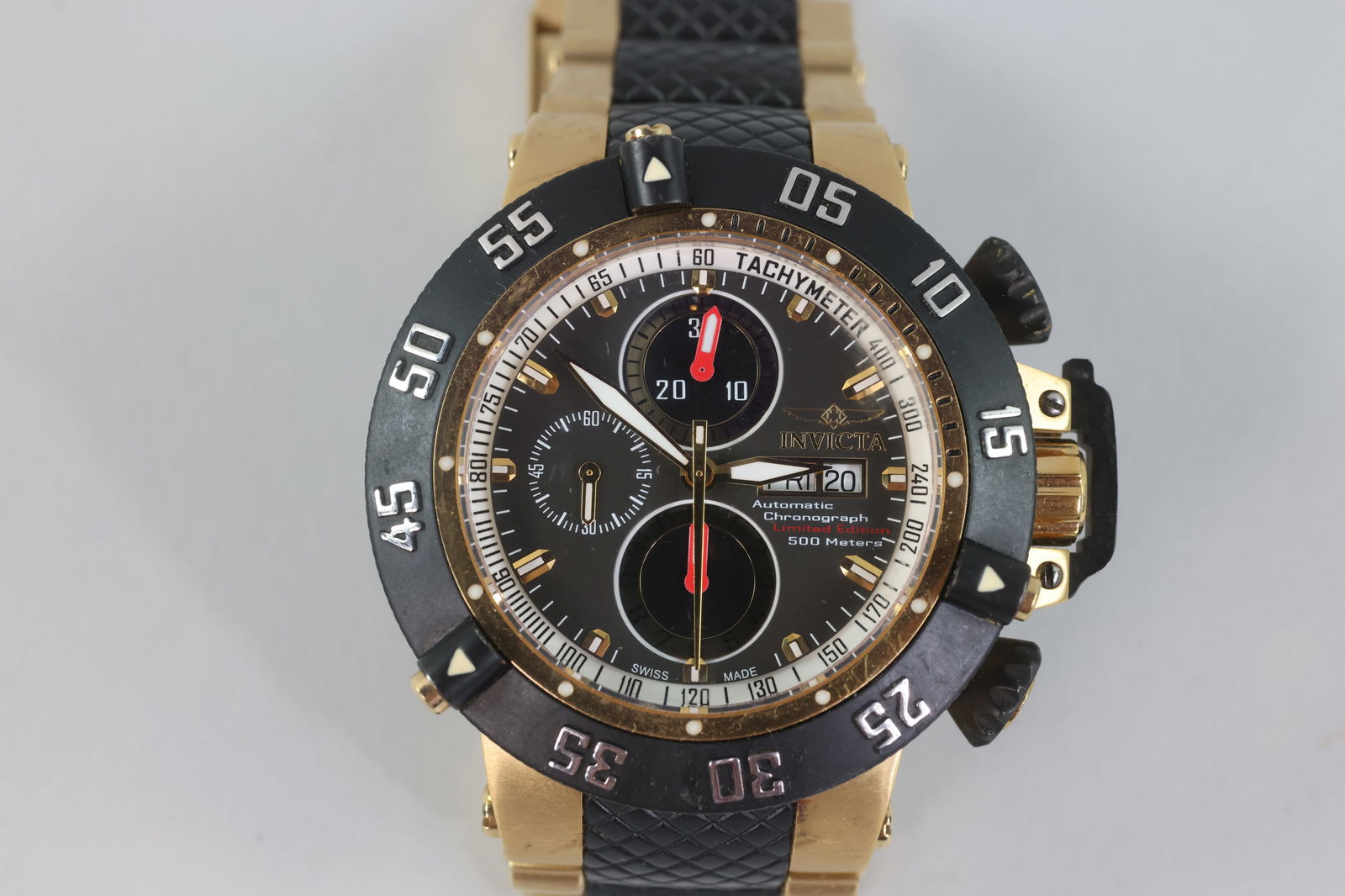 Invicta Subaqua Noma III 7750 Watch: Subaqua Noma III 7750 auto, Limited Edition (162/500), 50mm black gold. The back is glass showing the inner gears. One gear is stamped Invicta. The watch is Swiss-made. The limited edition is 163/500.