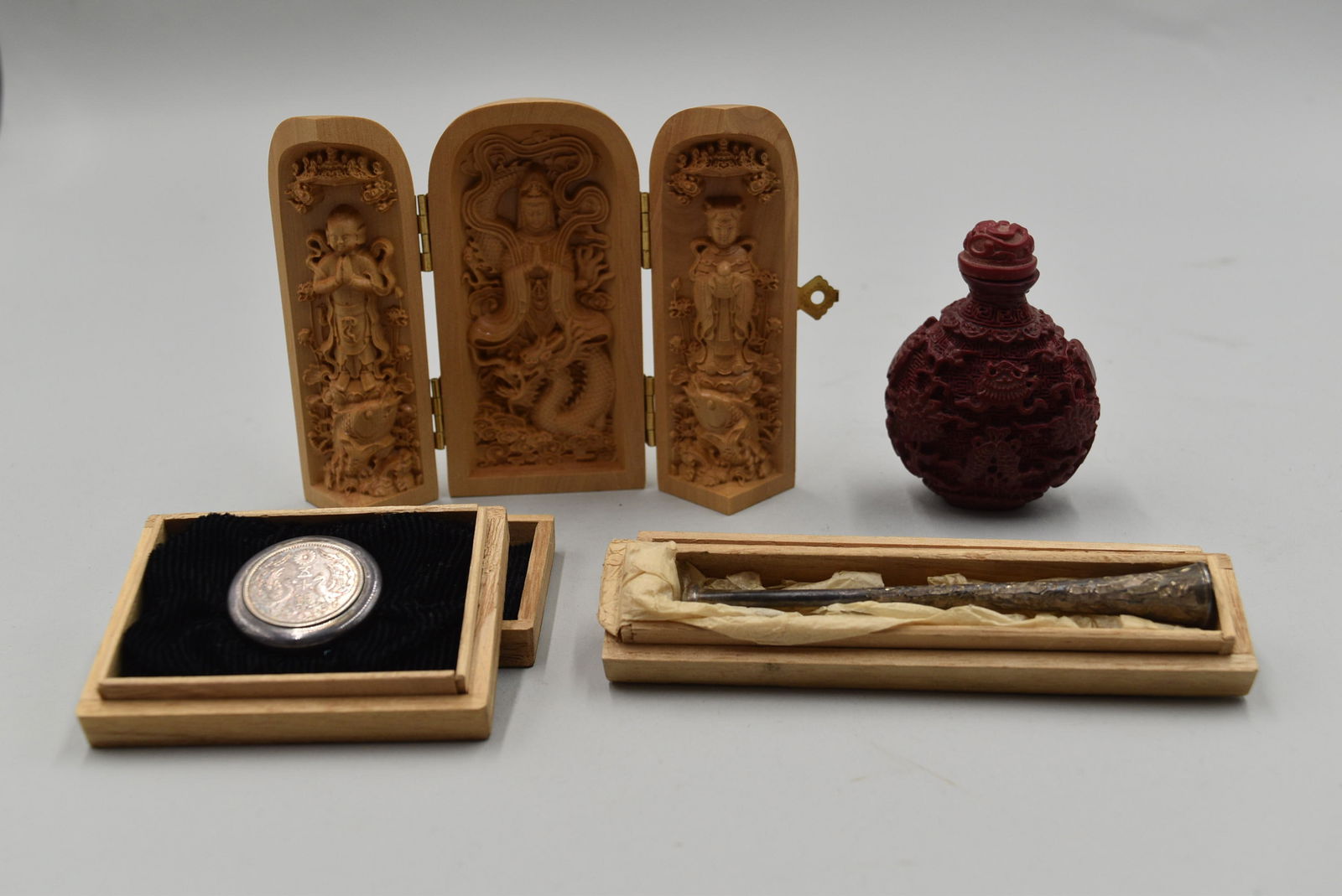 Sterling 950 Asian Tobacco items, Butsudan Altar, and Cinnabar Snuff Bottle (1 of 17)