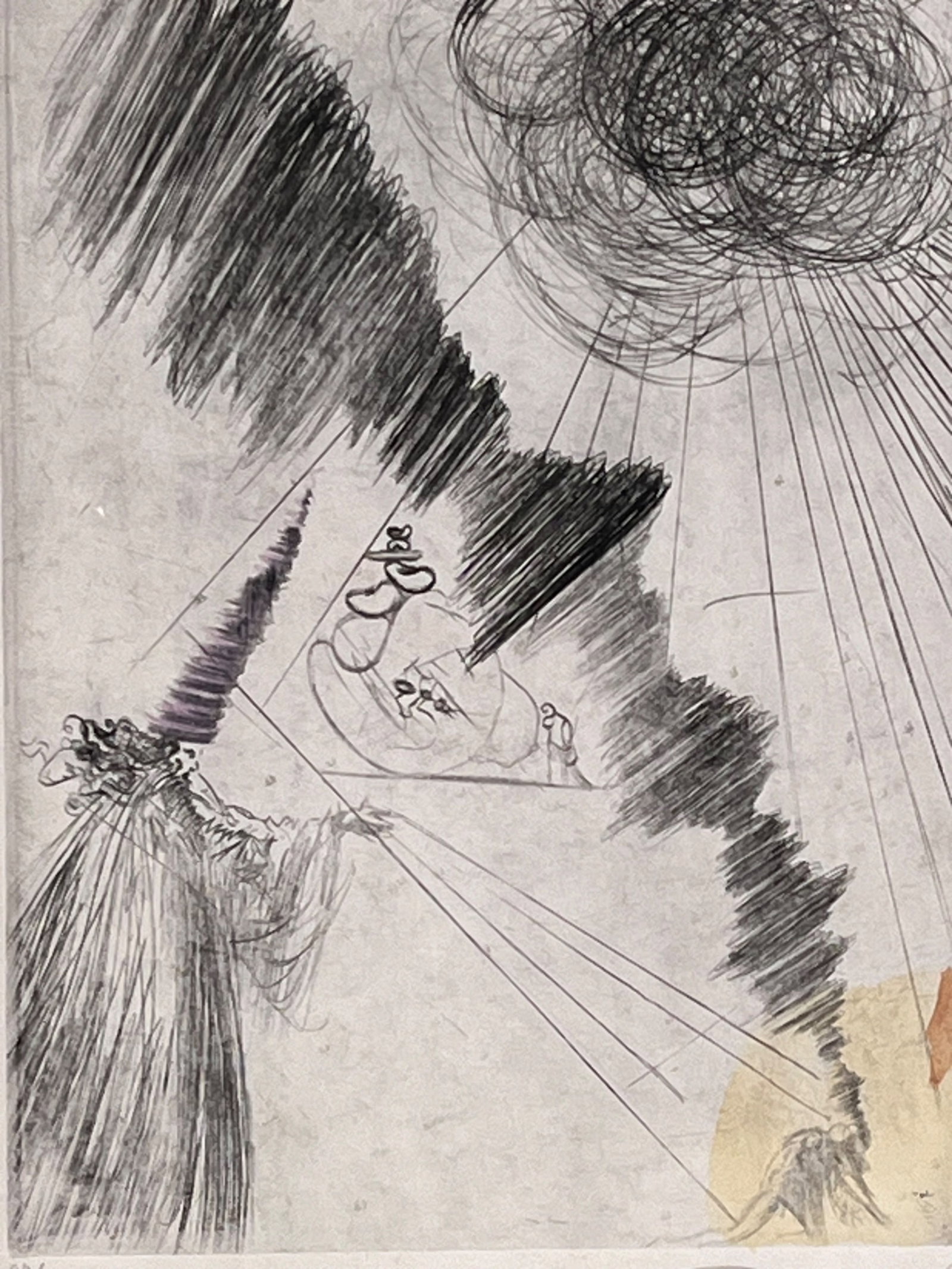 Salvador Dali Magician: Artist: Salvador Dali Title: Magician Origin: Spain, 1969 Medium: Etching on Paper Dimensions: 19x23in Additional Information: A black and white print with a pop of pink and yellow of a magician with 