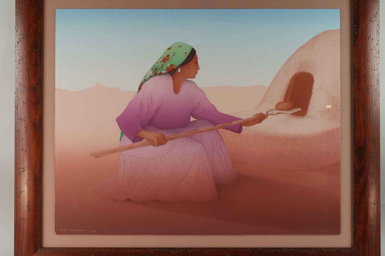 R C Gorman Breadmaker: Artist: R. C. Gorman Title: Breadmaker Origin: American, 1988 Medium: Lithograph on Paper Dimensions: 58x40in Condition: ExcellentAdditional Information: A bright, colorful lithograph of an open deser