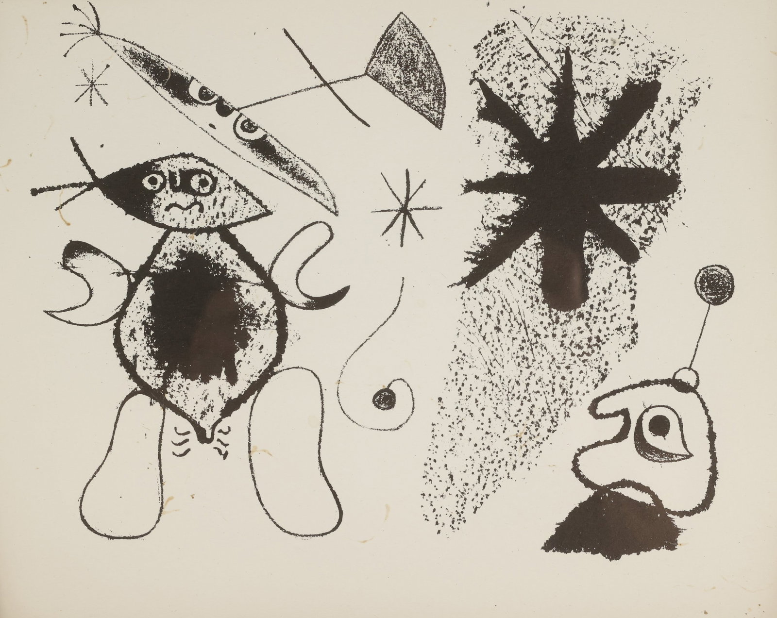 Joan Miro, XLVIII Lithograph: Artist: Joan Miro Title: XLVIII Origin: Spain, 1944 Medium: Print Lithograph on Book Page Dimensions: 17.5x14.5 in. in frame Condition: Good condition, with some light wear and markings on the print. 