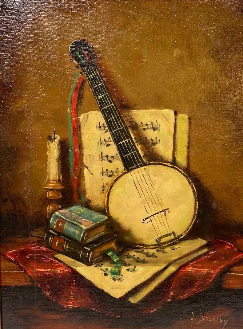 Seenay, Banjo Still Life: Artist: Seenay Title: Banjo Still Life Medium: Oil on Canvas Dimensions: 15.5 x 19.5 in Condition: Good Additional Information: Still life painting of a banjo, music paper, books, and a candle on red 