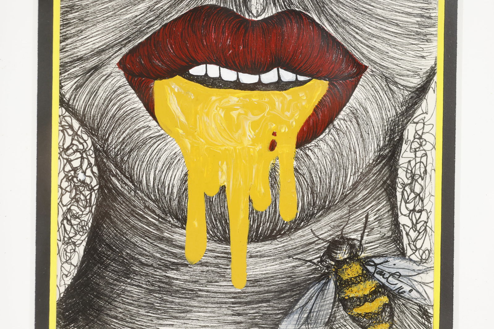 Lou C., Tasting Honey with the Honey Bee: Artist: Lou C. Title: Tasting Honey with the Honey Bee Medium: Pen and Acrylic paint on paper Dimensions: 10.25x10 in. Condition: Very Good condition. Additional Information: This piece shows a woman'