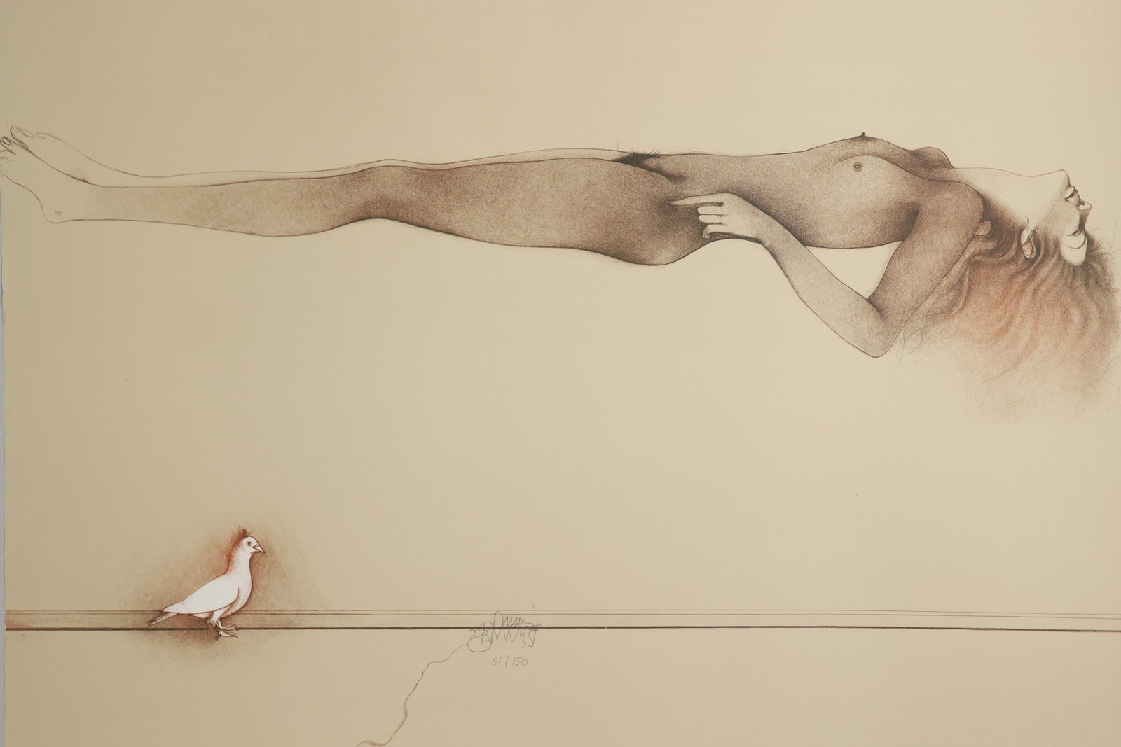 Bruno Bruni The Floating Maiden: Artist: Bruno Bruni Title: The Floating Maiden Origin: Italian, 1981 Medium: Lithograph on Paper Dimensions: 30.25x22.75 in. Condition: Excellent, a few light markings but overall very good condition.