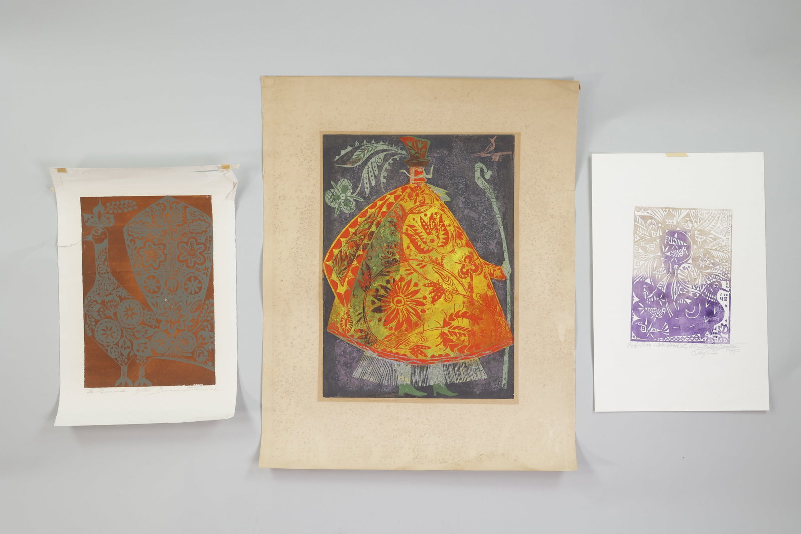 Jozsef Domjan 3 WoodBlock Prints: Artist: Jozsef Domjan Title: Brown Peacock, Purple Bird, and The Red Shepard Origin: Hungary, All are believed to have been done in the 1960s or 1970s Medium: Color Woodblock Print Dimensions: The lar