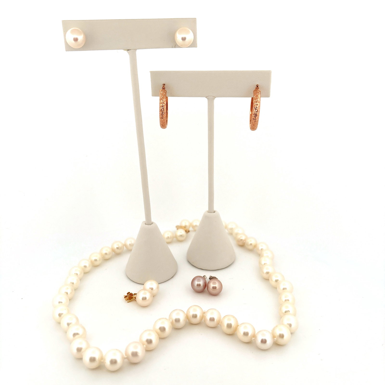 14K Gold Hoop Earrings Pearl Earrings and Necklace (1 of 7)