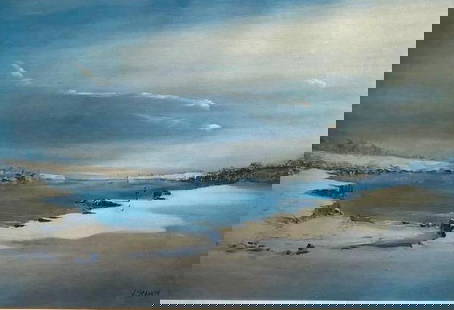 John Stancin, Infinity: Title: John Stancin Title: Infinity Medium: Print on Paper Dimensions: 24 x 32 in Condition: Good Additional Information: This print depicts a winter landscape with a person standing by the water's ed