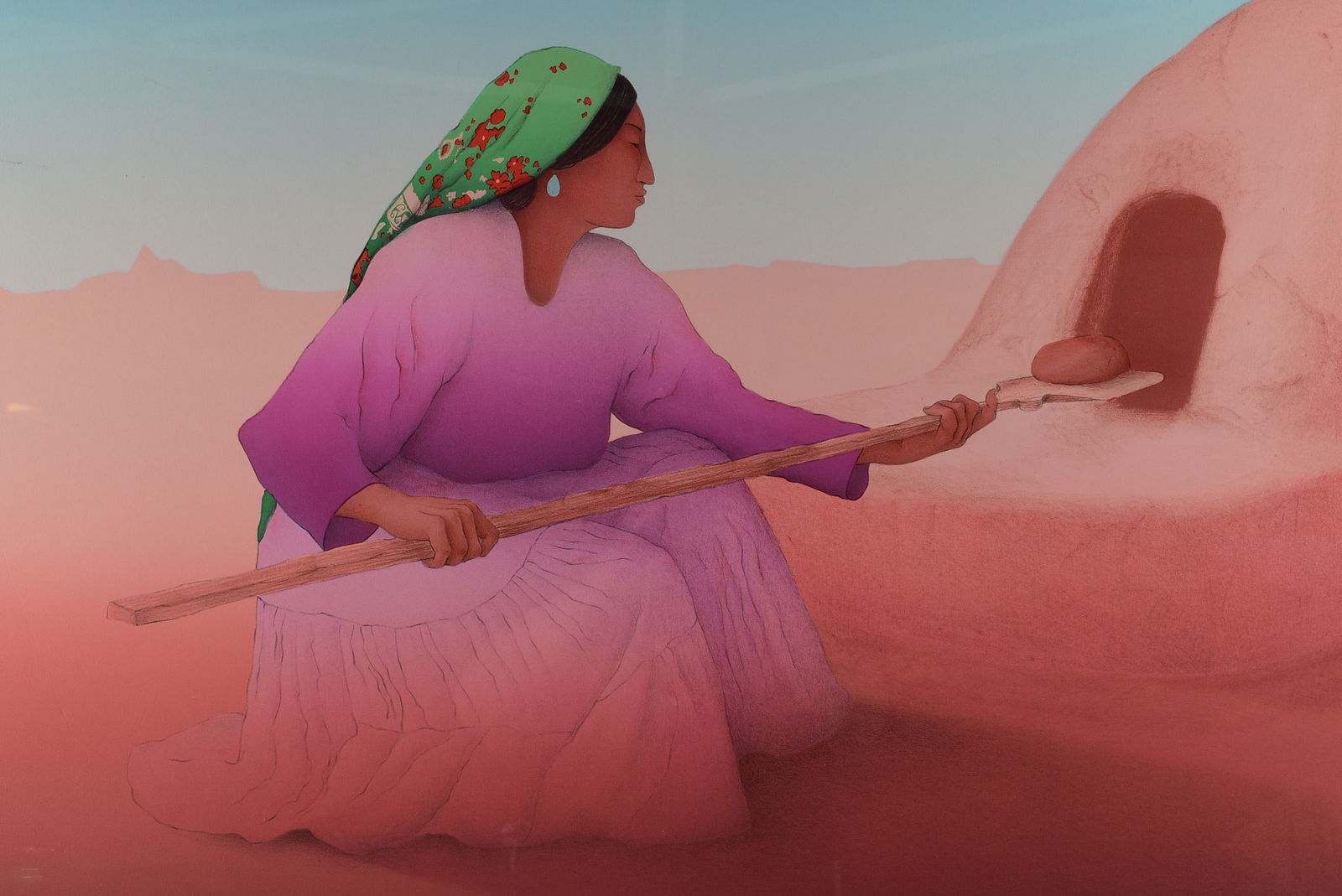 R C Gorman Breadmaker: Artist: R. C. Gorman Title: Breadmaker Origin: American, 1988 Medium: Lithograph on Paper Dimensions: 58x40in Condition: ExcellentAdditional Information: A bright, colorful lithograph of an open deser