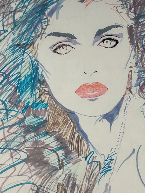 80s Glamour Shot Portrait Drawing: Artist: Unknown Title: 80s Glamour Shot Portrait Medium: Art Marker on Paper Dimensions: 26x36in Condition: Excellent Additional Information: An 80s-style glamour shot drawing of a woman using a scrib