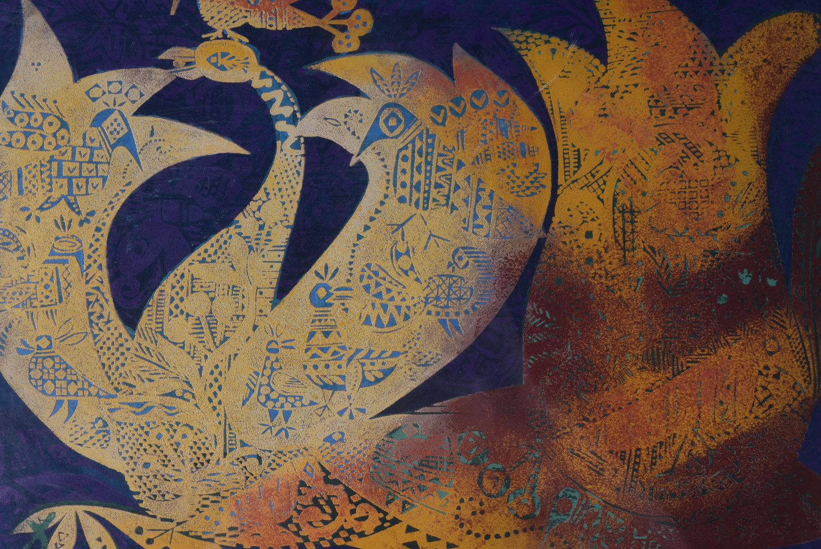 Jozsef Domjan, Fire Peacock: Artist: Jozsef (Joseph) Domjan.Title: Fire Peacock.Origin: Hungary, 1970's.Medium: Color Woodblock Print.Dimensions: 29x26in.Additional information: A colorful heavily inked woodblock print of a peaco