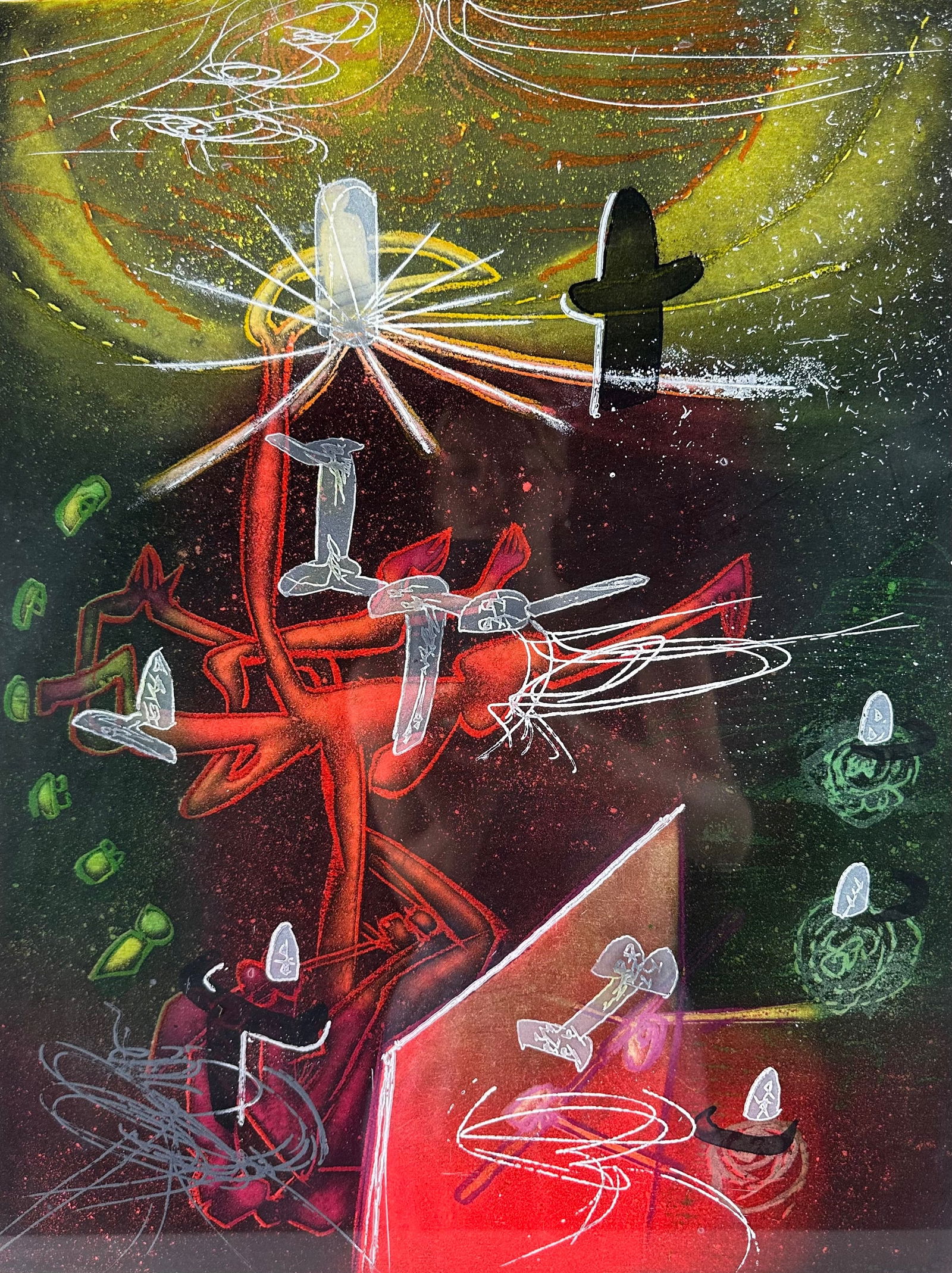 Roberto Matta, Je Fixe des Vertiges: Artist: Roberto Matta. Title: Je Fixe des Vertiges Plate 1 From Saison en Enfer Portfolio ( A session in Hell) Origin: Chili/ France, Surrealism 1977. Medium: Aquatint Etching on Paper.? Dimensions: 2