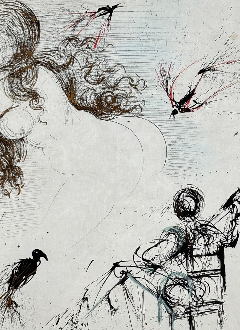 Salvador Dali, Femme au Perroquet (Woman with Parrot): Artist: Salvador Dali. Title:?Femme au Perroquet (Woman with Parrot). Origin: France, 1967. Dimensions: 16.5 x 20.5in. Additional Information:?Etching and dry point with watercolor on Japanese paper, 