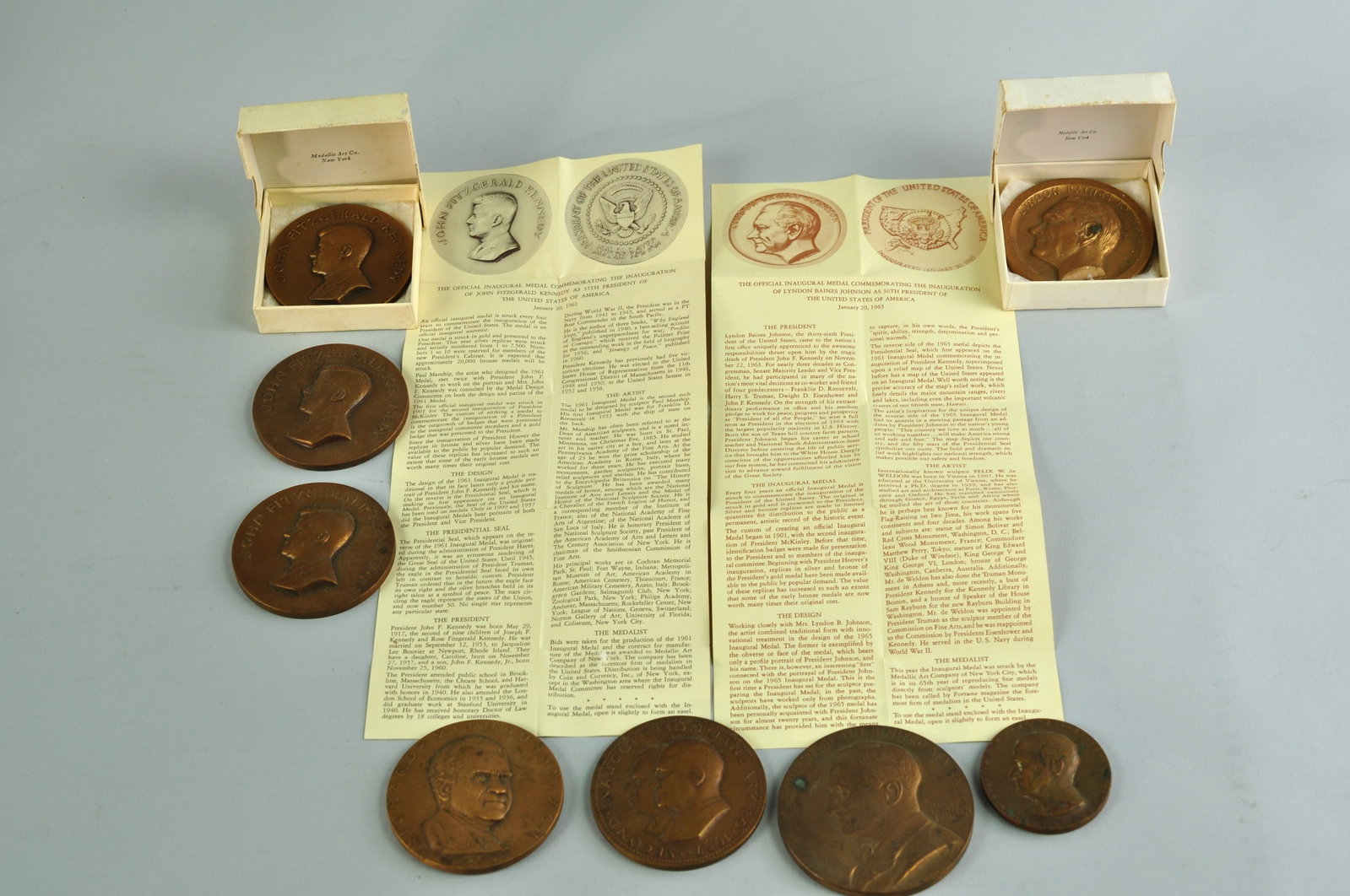 Presidential Inaugural Medals: Eight presidential inaugural medals from the 20th century. There are three John F. Kennedy Inaugurated January 20th, 1961 bronze, medals.