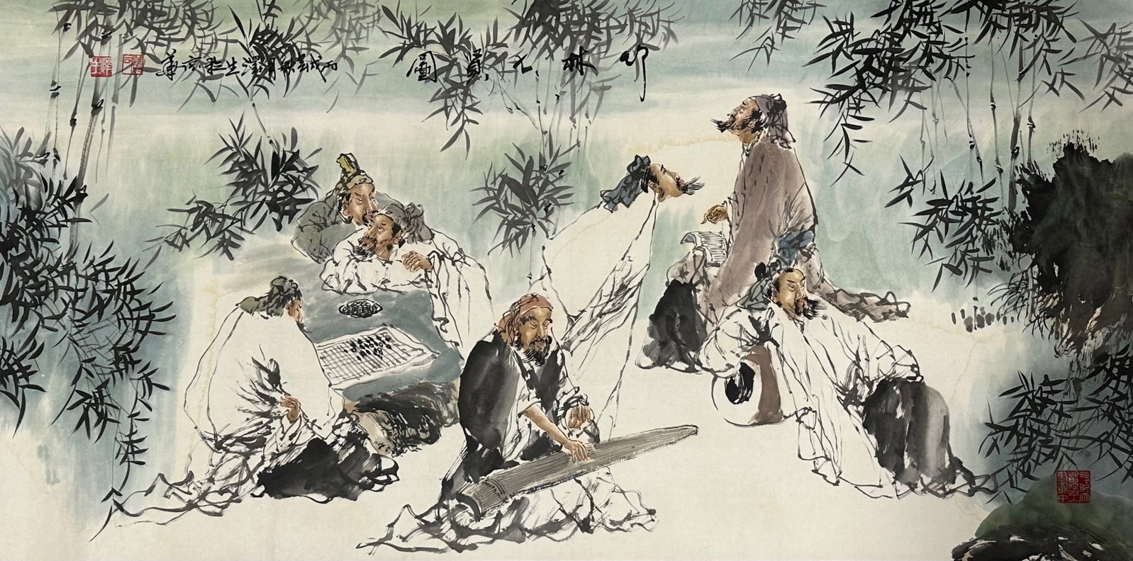 Chinese Handscroll Ink Painting of Sages: Artist: Jiang Zeshing, b. 1958 Title: Sages in a Bamboo Grove Origin: Chinese Medium: Ink o