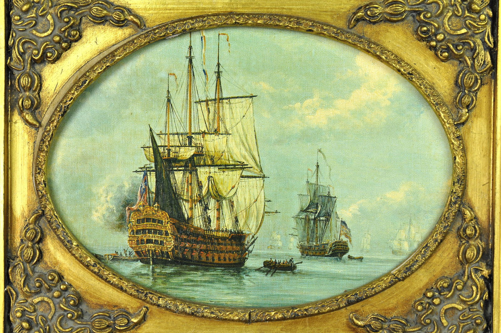Oil Painting of Man-o-War Gun Ships: Title: Seascape with?Man-o-War Gun Ships Origin: English Medium: Oil on Canvas Dimensions: