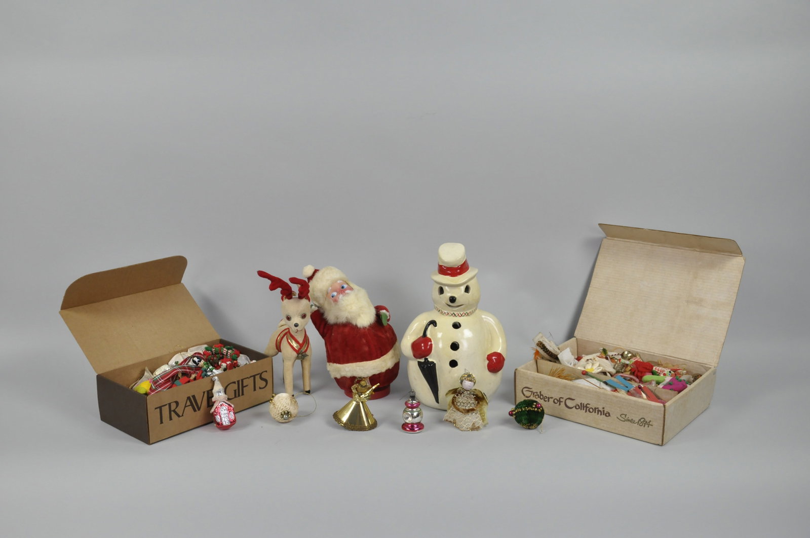 Christmas Decorations and Roly Poly Santa: Dimensions: Porcelain Snowman- 14x9x6in Condition: