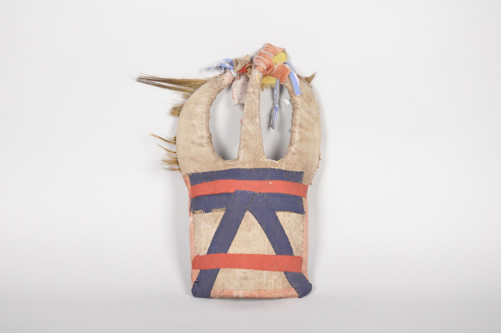 Cloth and Natural Fibers African Mask: Origin: African Dimensions: 8.5x1.5x14 in. Condition: Dirt wear alon