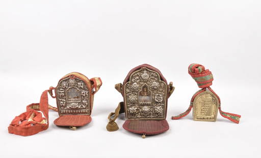 Three Tibetan Buddhist Ghau Travel Shrines: Origin: Tibet, Early 20th Century Medium: Metal, Brass, and Copper and embroidered cloth Dimension: