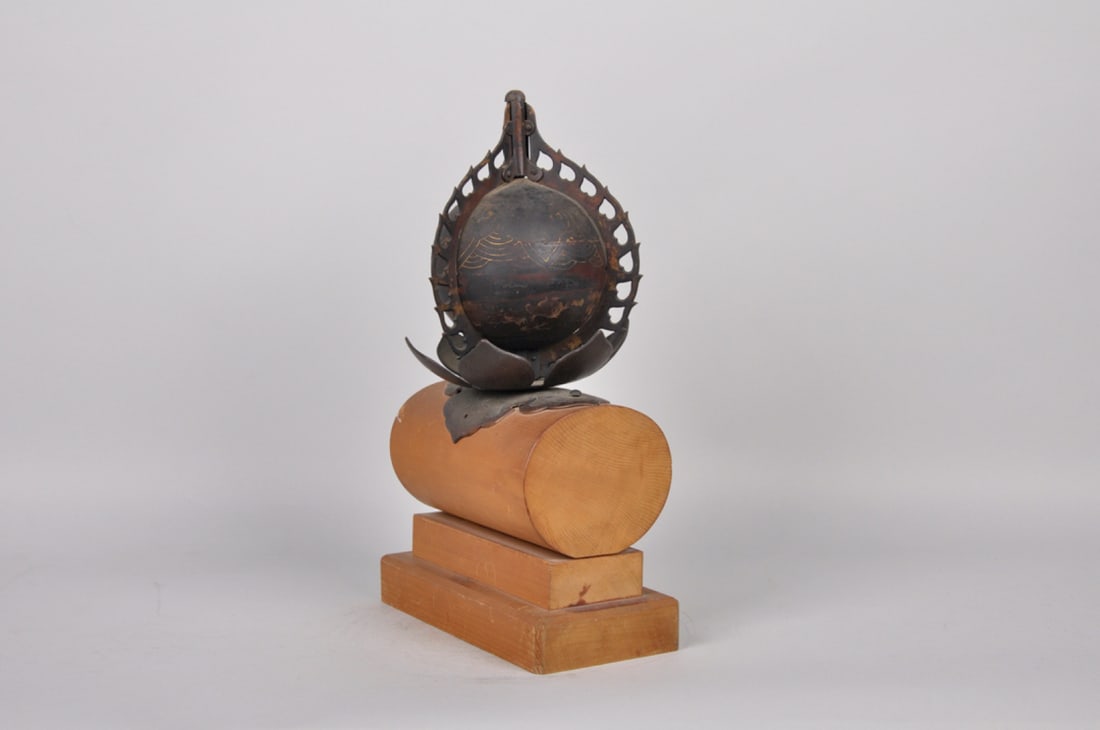 Butsudan Lotus Flower Sphere Ornamentation, Japan: Origin: Japan, 19th century Medium: Bronze, Paint, Gold Gilt, and Wood Dimension: 9.5x4.5x15in