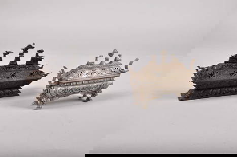 Two Chinese Bronze and Metal Incense Burners: Origin: China, early 20th c. Medium: Bronze and metal Dimension: Largest 9x3.5x6 in. <