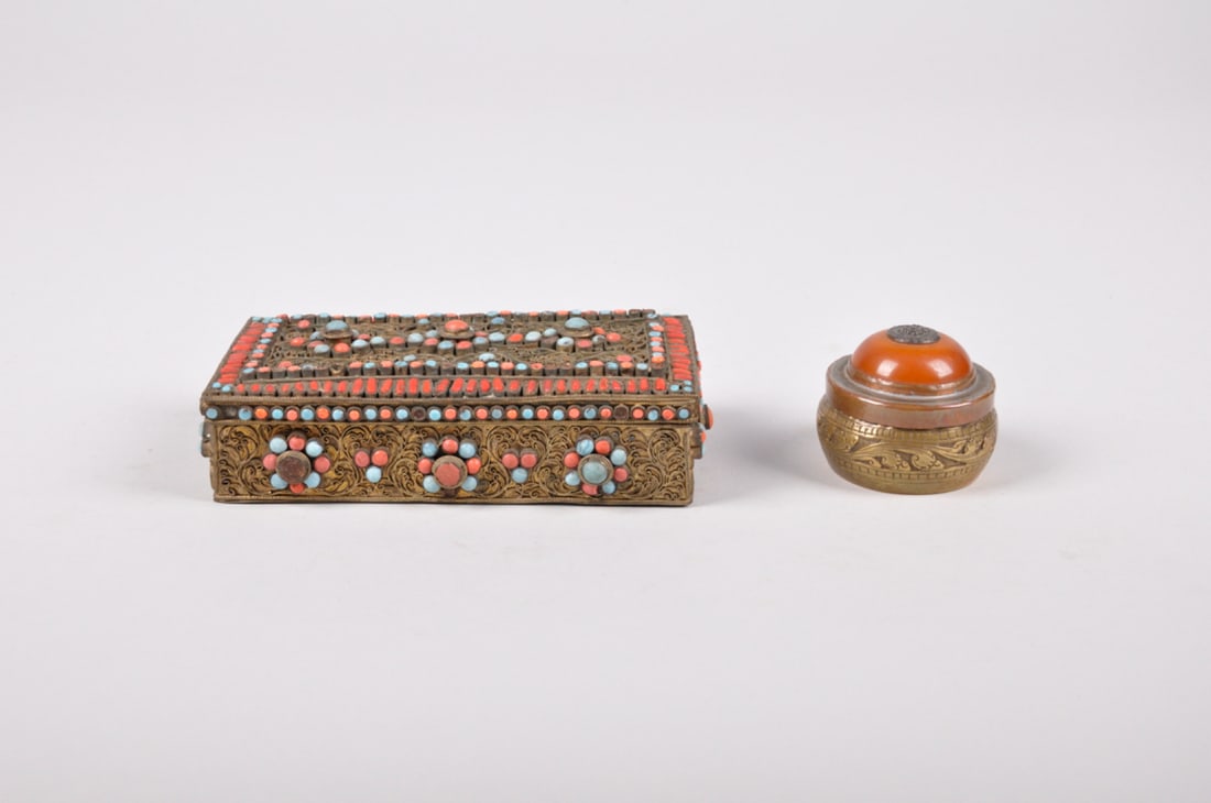 Tibetan Brass Coral Turquoise Box and Small Round Box (1 of 15)