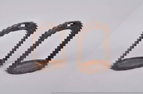 Pair of Bronze Horse Stirrups with Silver Etched Designs: Origin: Chinese, Mid 18th century or earlier Medium: Metal Dimension: 4 x 4.5 x 6.25 in <