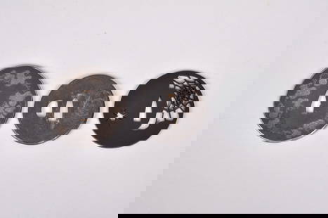 Three Japanese Samurai Sword Tsuba's: Origin: Eastern Asia, Japan Medium: Metal and Wood Dimension: Large Tsuba with Maple Leaves 3 3/8 i