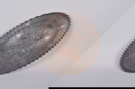 Indian Engraved and Silvered Steel Dhal Shield: Origin: India Medium: Metal and Fabric Dimension: 1 ft in diameter x 2 in tall
