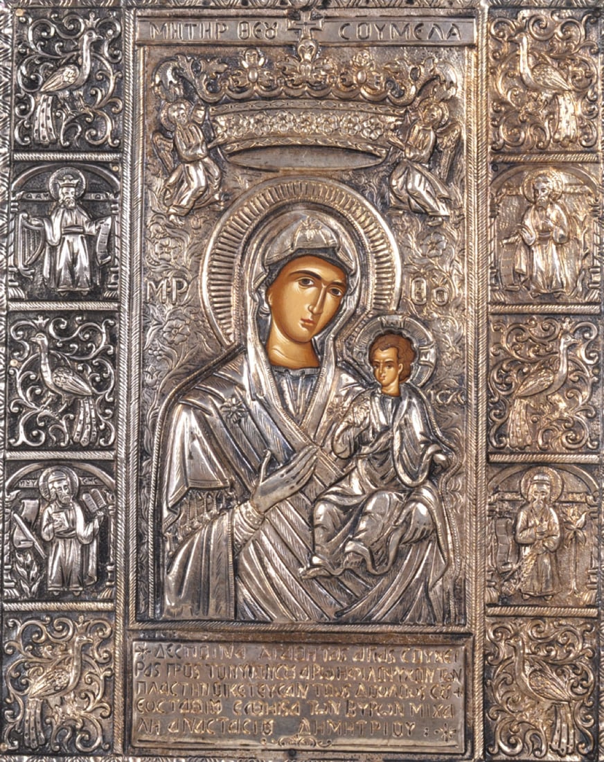 Greek Orthodox Icon Of Mary Holding Jesus with a Silver Overlay (1 of 12)