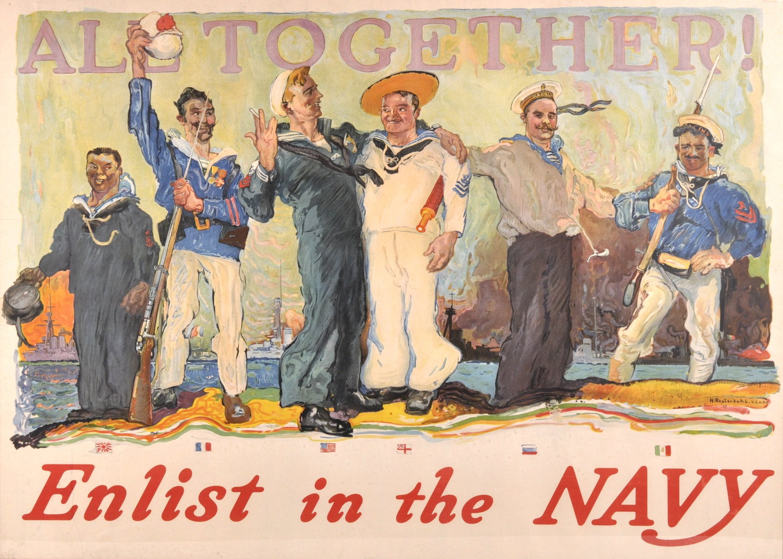 WWI Enlist in The Navy All Together Propaganda Poster: Artist: Henry Reuterdahl Title:
