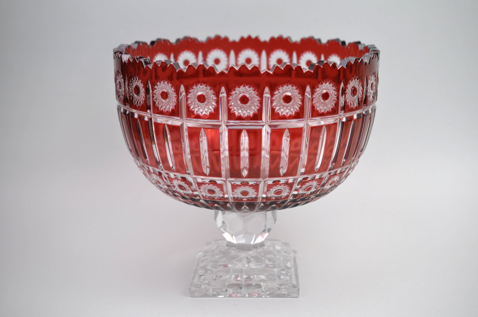 Bohemian Red Cut Crystal Pedestal Bowl: Dimensions: Approx. 10x11" Condition: No Visible Chips or Cracks Additional Information: Vintage Bohemian cut-to