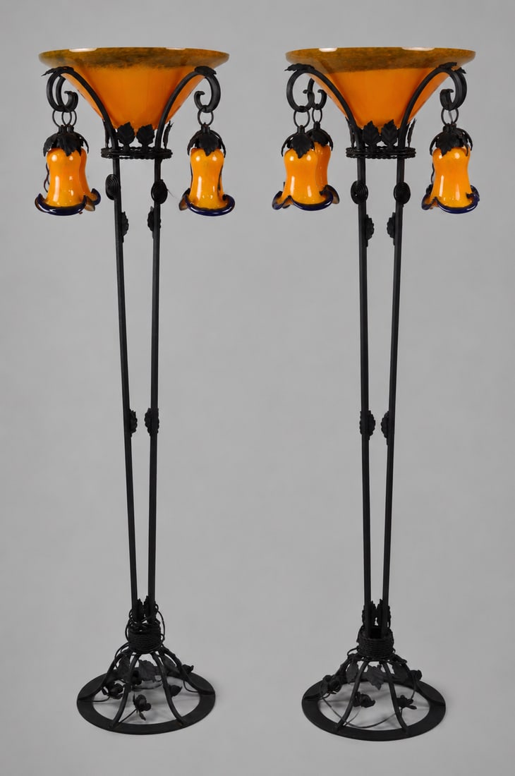 Art Deco Iron Floor Lamps w/ Orange Glass: Dimensions: Approx. 64x24" Condition: Lamps are Untested, Need to Be Reassembled. Orange Neck is Missing for One of the Lamps and has 1/2" Piece Broken from th