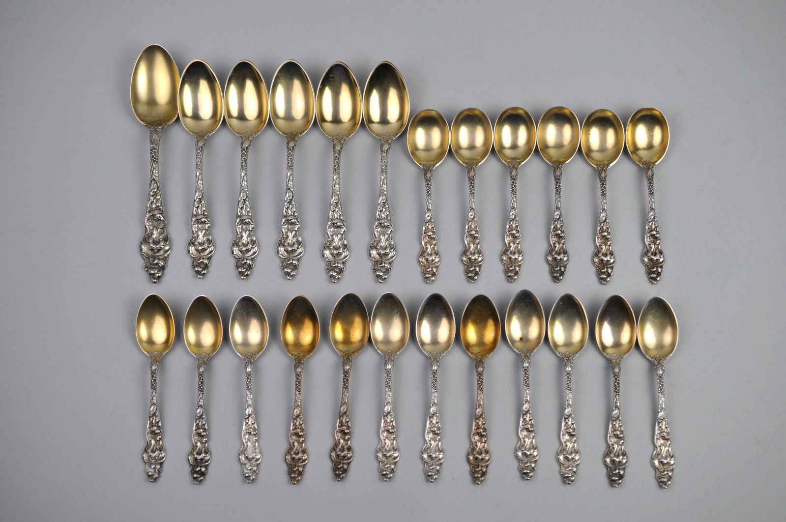 Reed Barton Les Six Fleurs Sterling Goldwash Spoon Asst.: ?Metal: Sterling Silver Manufacturer:?Reed & Barton Dimensions: Various Weight:??13.52 ozt Condition: Light to Moderate Patina