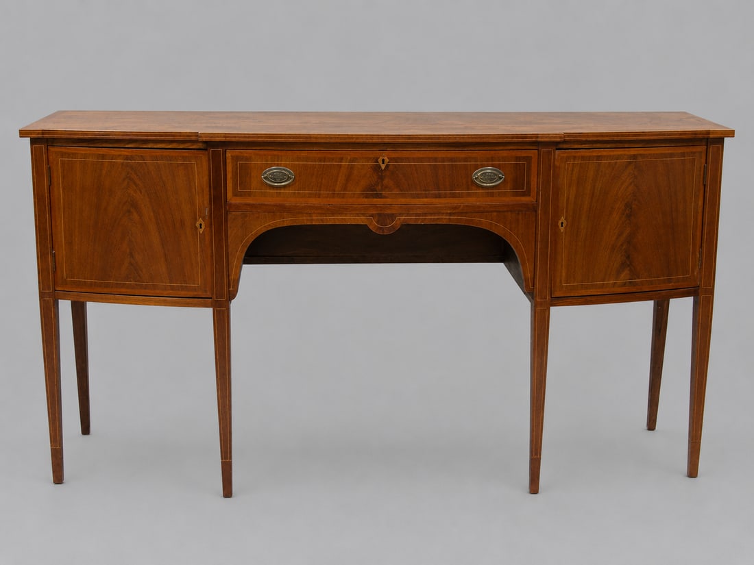 Hepplewhite Mahogany High Leg Sideboard: Origin:?1790-1815 NY/Baltimore Style Dimensions:?72x23 5/8x38 Condition:?Plywood Replaced on Inside, Veneer Loss to Left and Right Door,?Circular Water Marks on Top, Dusty/Dirty- Do Not Want to