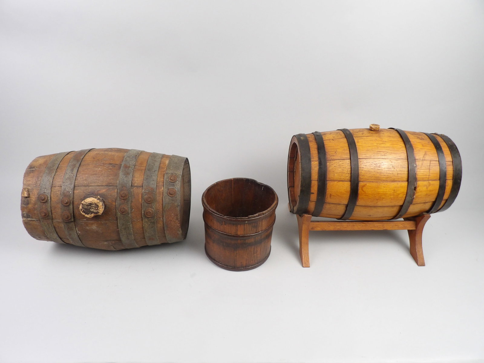 Primitive Firkin, Barrel, Stave Keg: Dimensions: Approx Firkin 1/2x5 1/2, Stave Keg 7x11", Barrel 12x6" Condition:?Shrinkage, Scattered Cracks, and Surface Oxidation Consistent with Age and Use. L