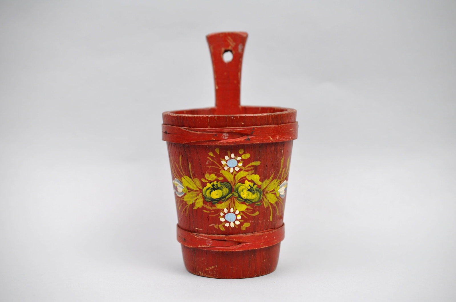 Wooden Wall Bucket Salesman Sample: Dimensions: 4x4x7" Condition:??Antique condition with paint wear, scratches, checking, and patina