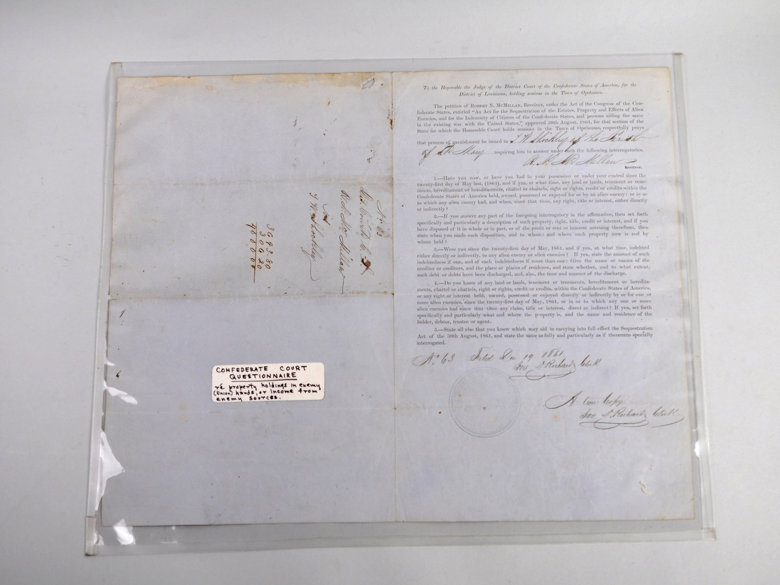 Confederate Civil War Court Questionnaire: Dimensions: 15x12" Condition: Has Minor Edge Wear, No Major Tears Additional Information: This Confederate court questionnaire dates to the American Civil War era and relates to invest