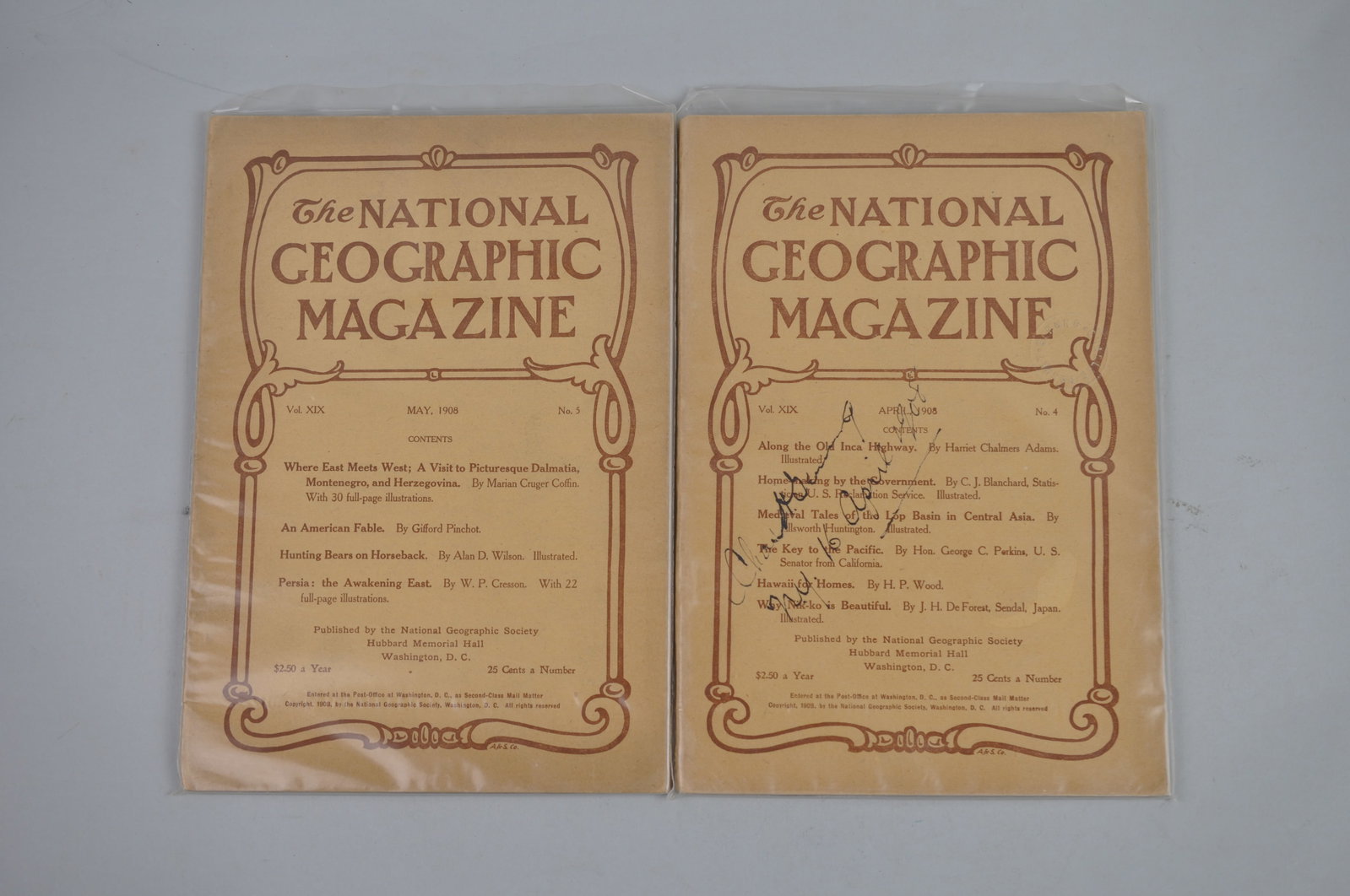 1908 April May Issues of National Geographic: Month Issued: April & May Year Issued: 1908 Dimensions: 10x6 7/8" Cond