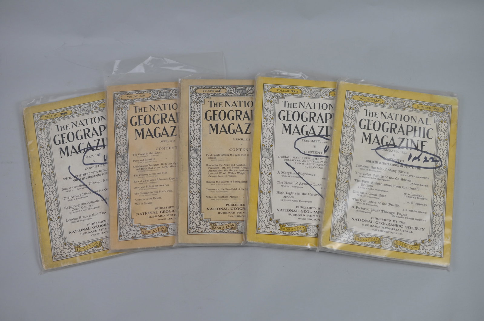 1911 January-May Nat Geo Magazines Vol XXII: Month Issued: January-May Year Issued: 1911 Dimensions: 10x6 7/8" Conditio