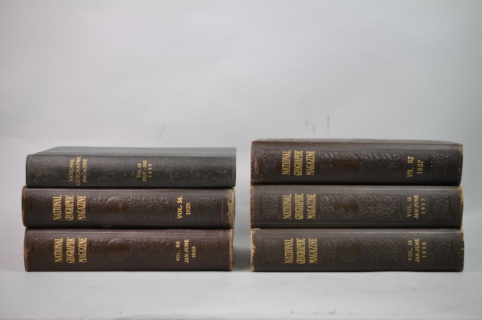 Assortment of Original Leather Bound National Geographics 1920s-1930s: Month Issued: January-December Volumes: 38, 51, 53, 56, 62, 63 Year Issued:?1920, 27, 28, 29, 32, 33