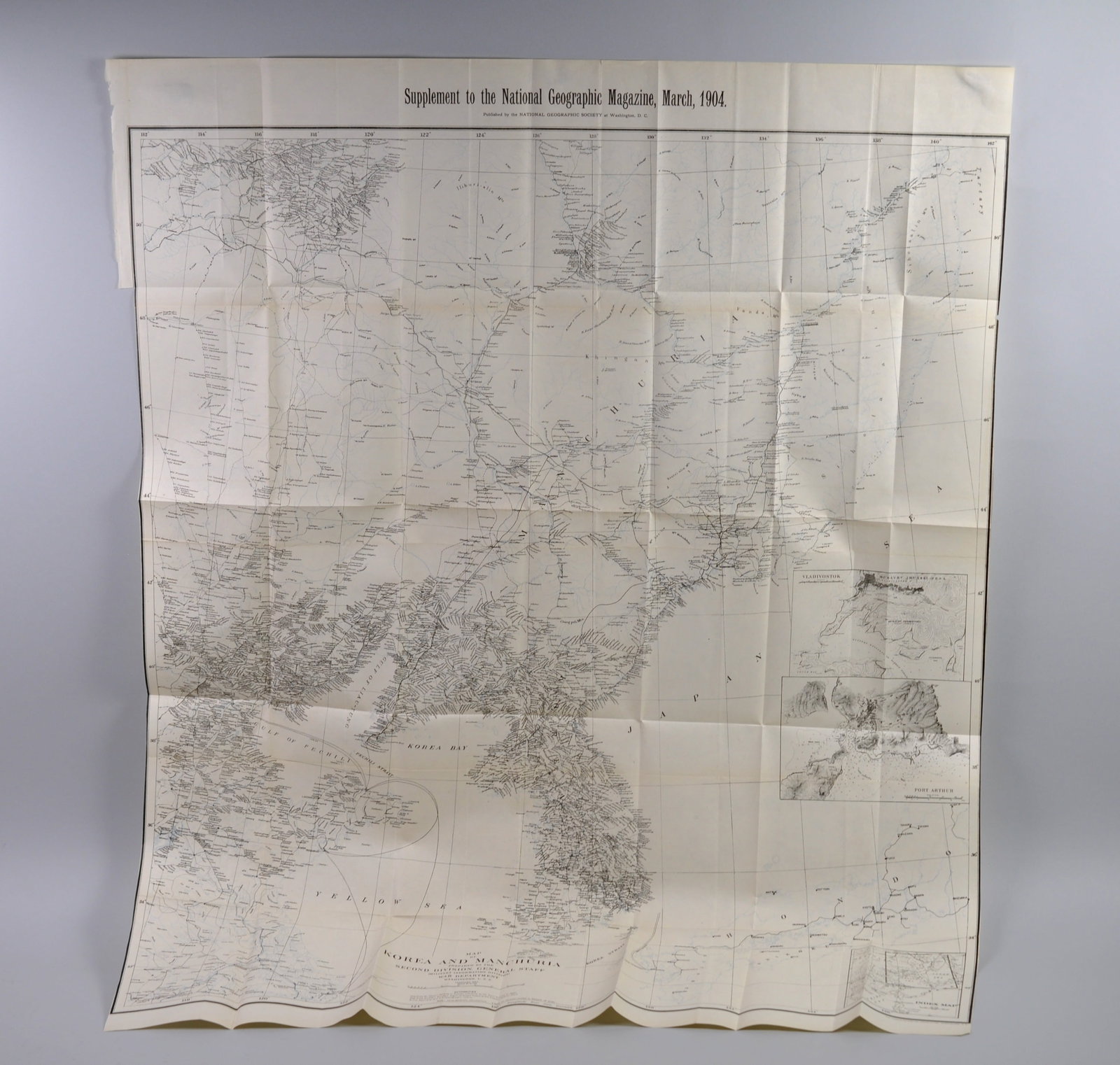 National Geographic Map of Manchuria and Korea 1904: Month Issued: March Year Issued: 1904 Dimensions: Approx. 43x34" Condition: Creasing and Tears Along Edges Additional Information:?Rare Na