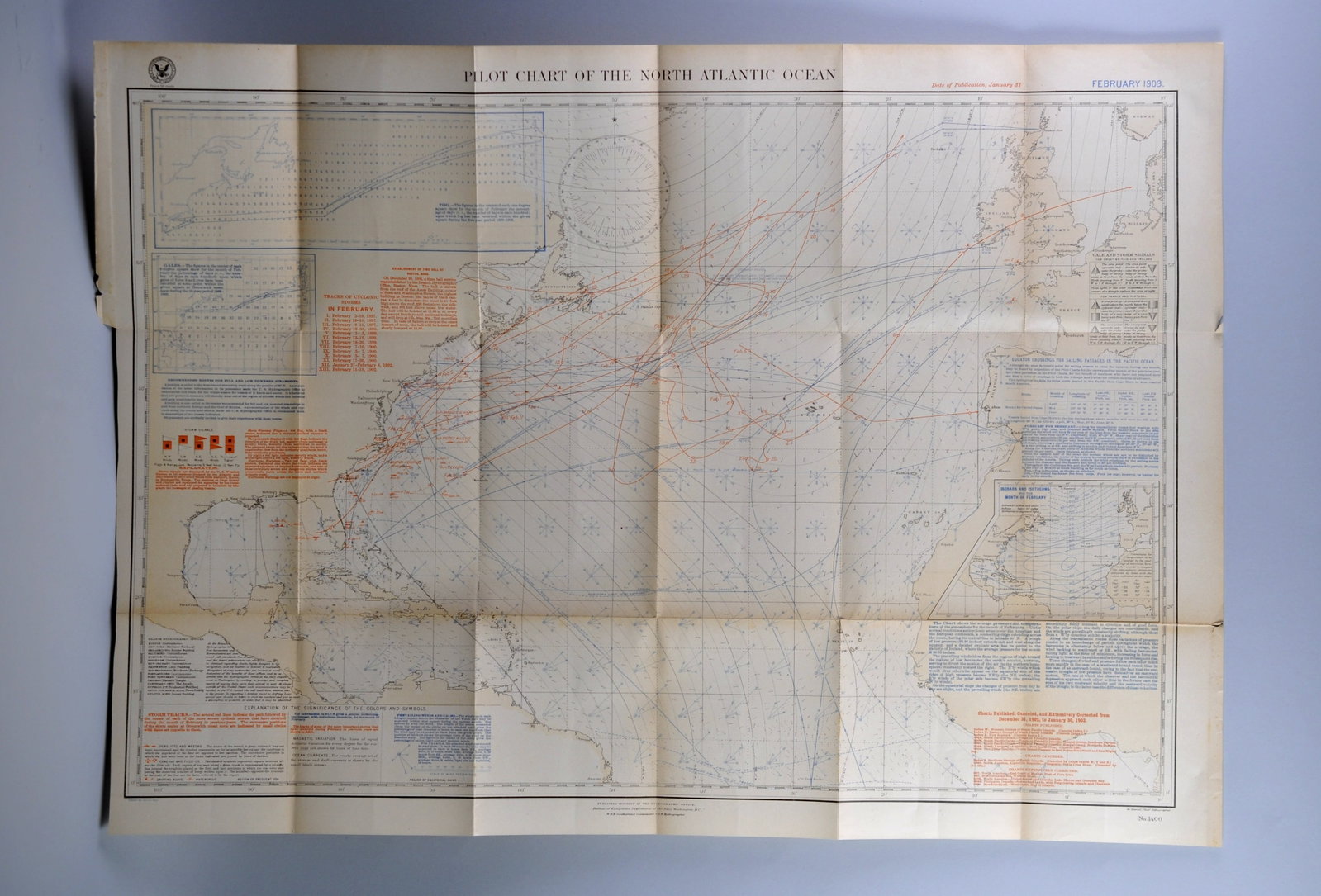 National Geographic Pilot Chart of the North Atlantic 1903: Month Issued: February Year Issued: 1903 Dimensions: Approx. 33 1/2x24" Condition: Creasing, Discoloration, and Tears/Cuts Along Edges Additional I