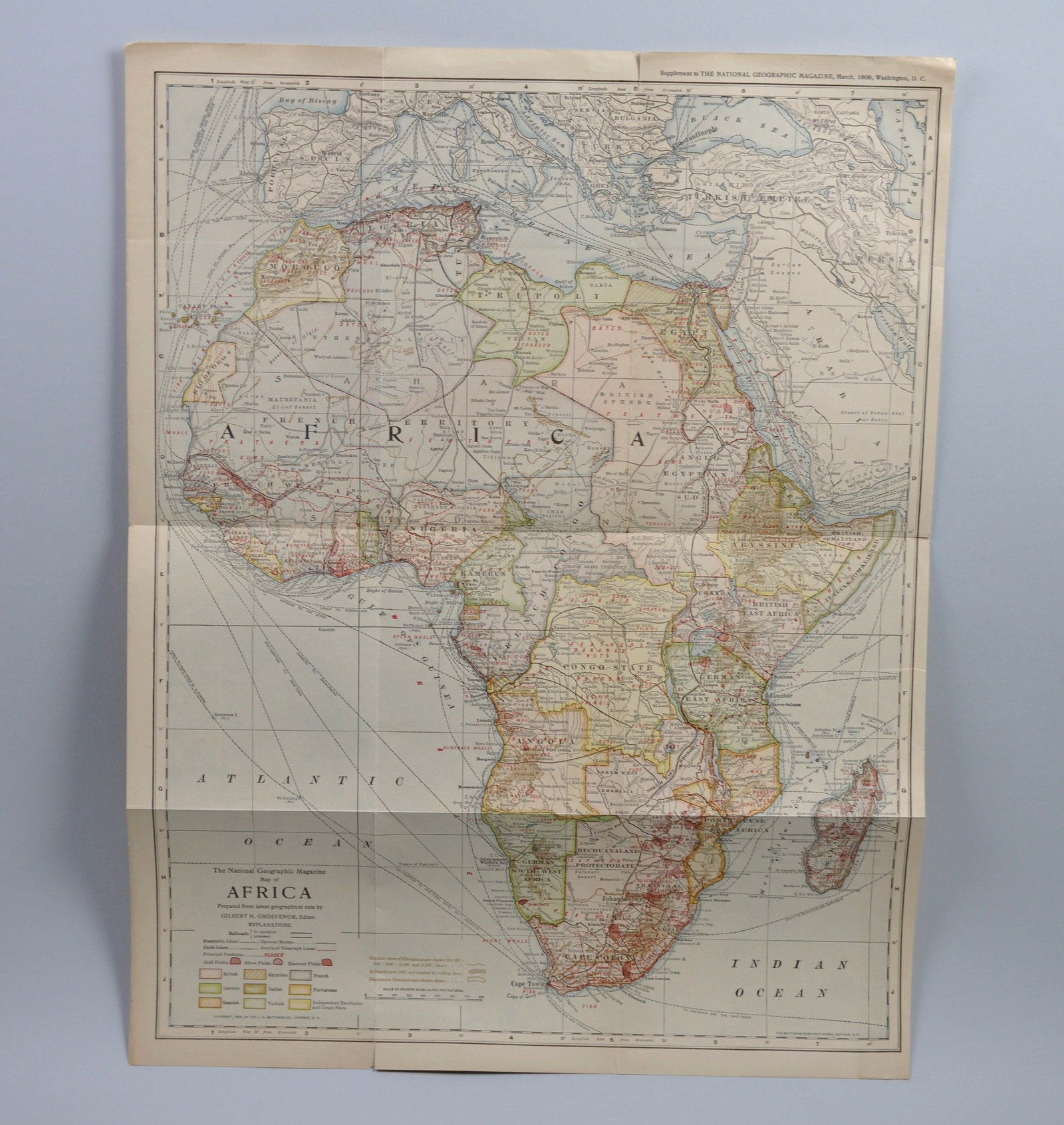 National Geographic Map of Africa 1909: Month Issued: March Year Issued: 1909 Dimensions: Approx. 16 1/4x21" Condition: Creasing and Tears Along Edges Additional Information:?Sca